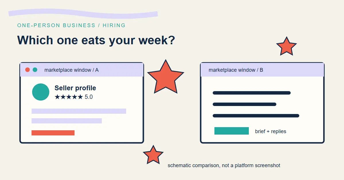 Two schematic freelance marketplaces with a desk clock comparing the time cost of hiring