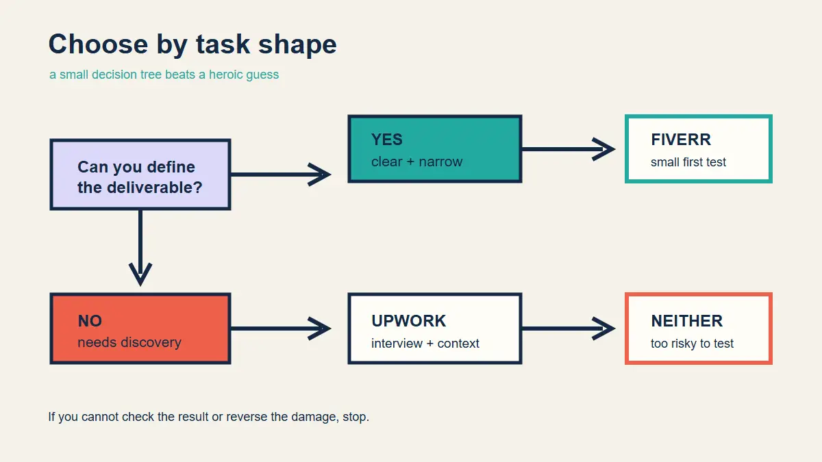 Decision tree from task type to Fiverr, Upwork, or neither