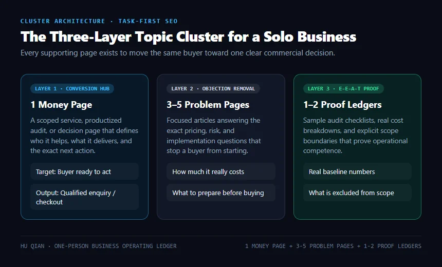 Three-layer topic cluster architecture for a one-person business showing one money page, three to five problem pages, and proof ledgers