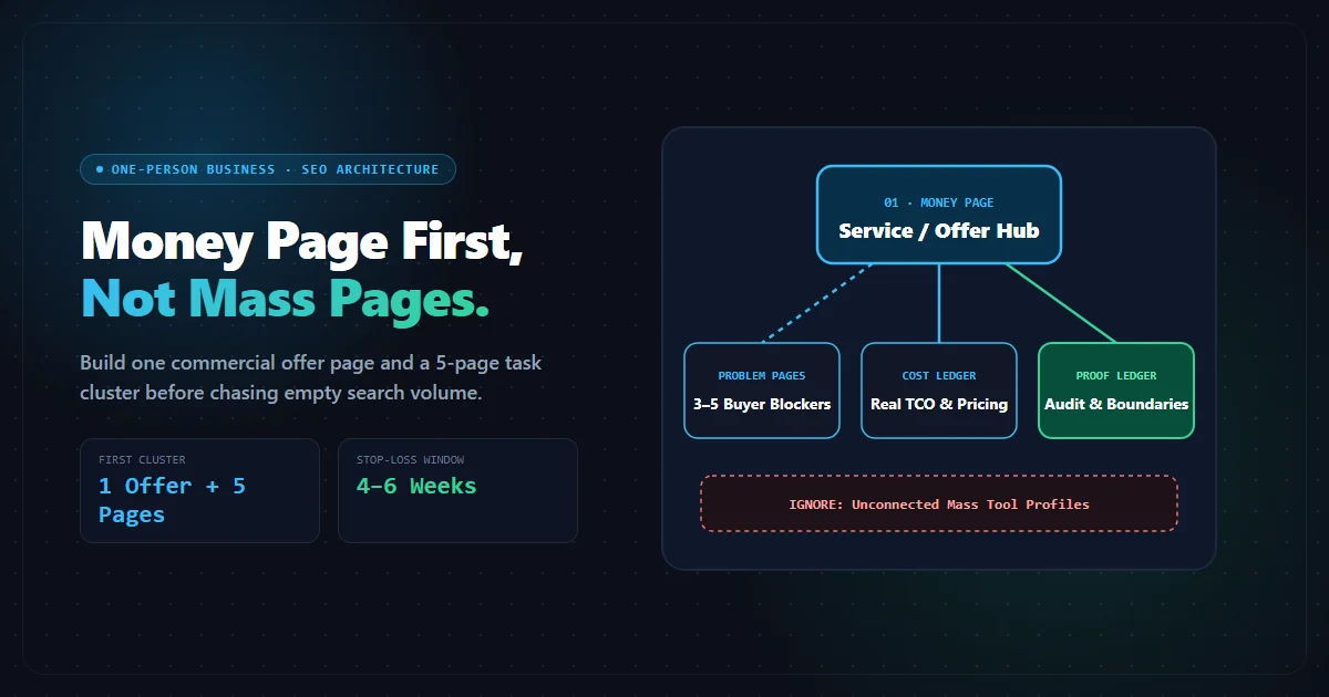 SEO architecture for one-person businesses showing one money page connected to problem and proof ledgers