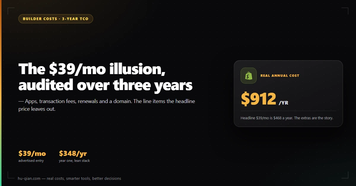 Editorial cover: Shopify real cost 2026 and the three-year total cost of ownership