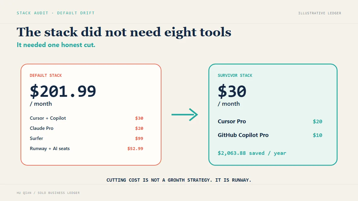 Solo business subscription stack cut from $201.99 per month to a $30 survivor stack