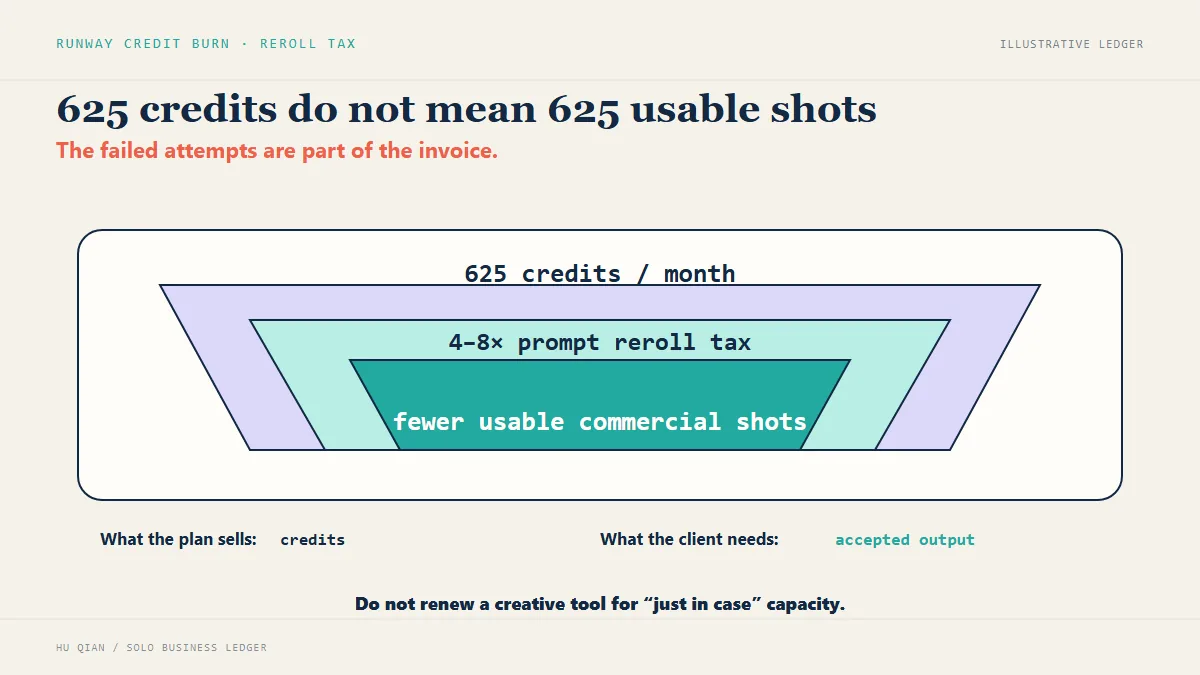 Runway monthly credits funnel showing prompt reroll tax and fewer usable commercial shots