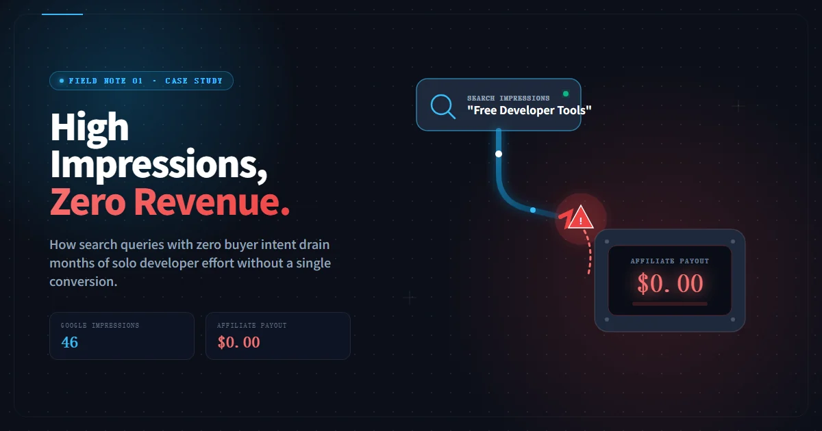 Hu Qian case study cover showing 46 Google impressions and zero affiliate revenue across a broken conversion pipeline